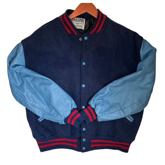 Vintage DeLong Varsity Jacket Mens XLarge Blue Wool & Leather Sleeves Retro - Picture 3 of 11